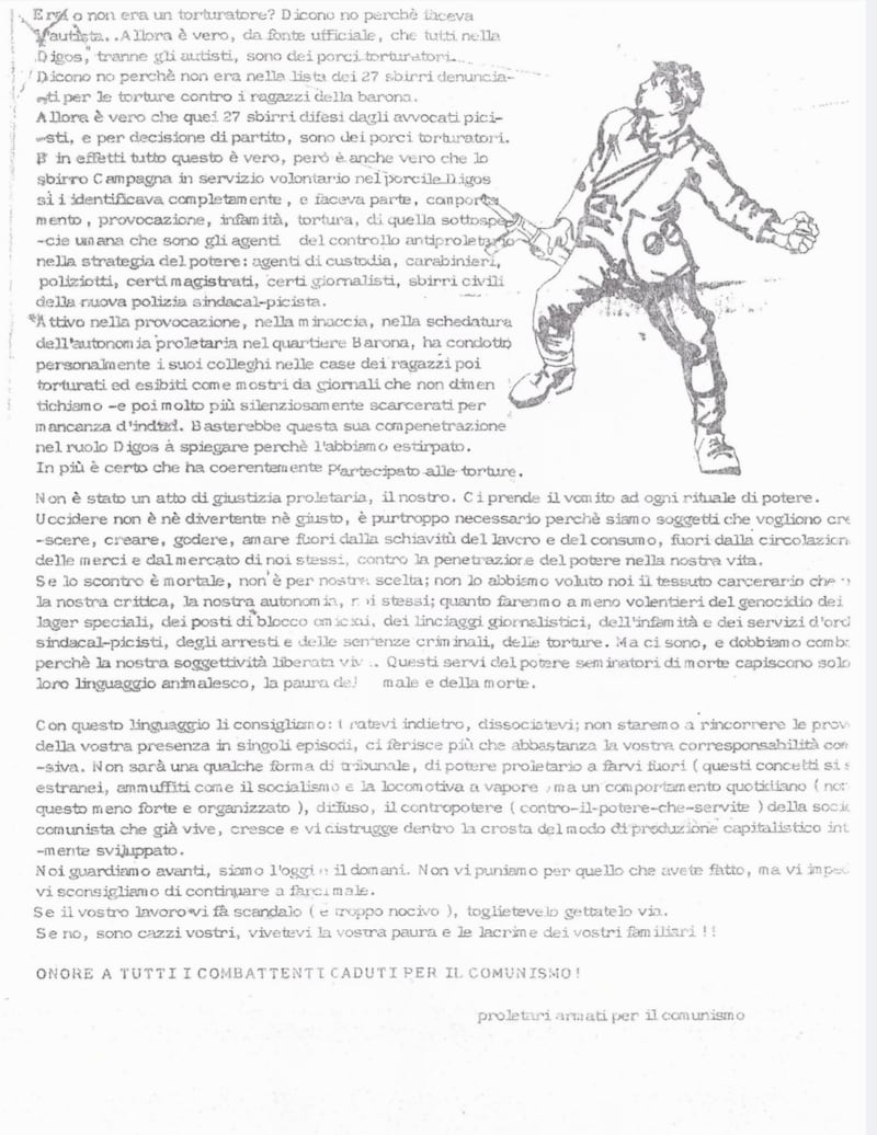 La rivendicazione dell'omicidio di Andrea Campagna da parte dei Proletari Armati per il Comunismo