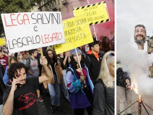 Torino, gli studenti in rivolta bruciano i manichini di Salvini e Di Maio