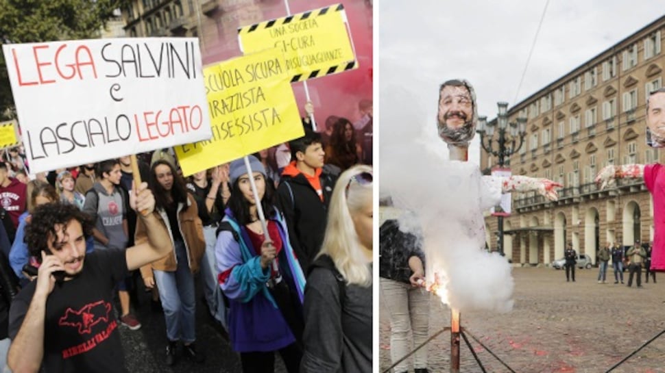Torino, gli studenti in rivolta bruciano i manichini di Salvini e Di Maio