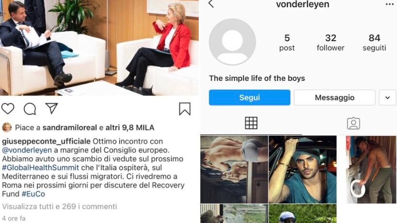 Clamorosa gaffe di Conte. "Tagga" la von der Leyen ma sono uomini semi nudi