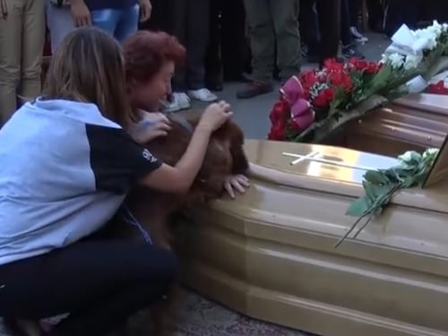 Il cocker dà l'ultimo saluto alla bara del suo padrone Andrea