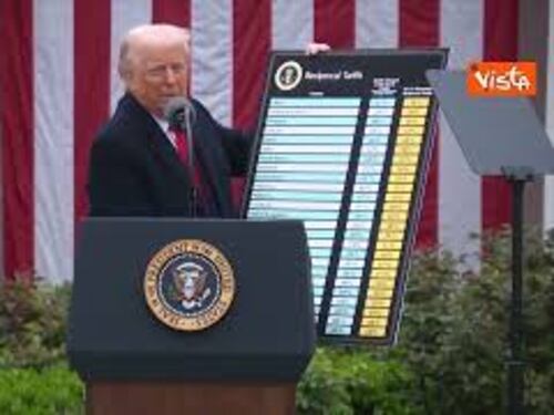 Trump mostra la tabella con la lista dei dazi ad ogni Paese nel giardino della Casa Bianca