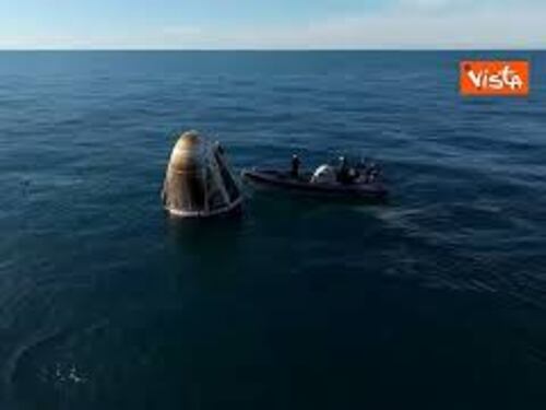 Delfini nuotano intorno alla capsula Space X subito dopo l'ammaraggio in Florida