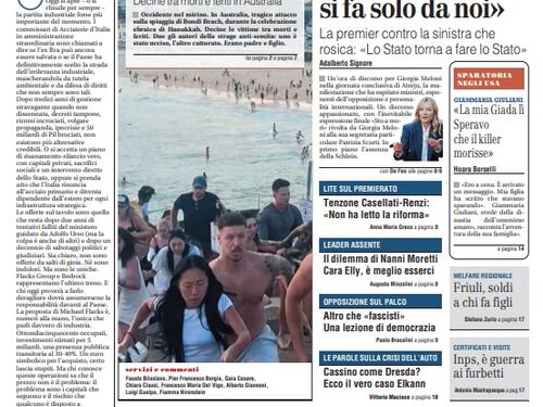 La prima pagina del Giornale: dalla strage di ebrei alla sfida di Meloni, dall'Ilva a Nanni Moretti
