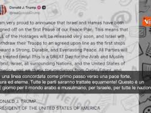 Trump annuncia sui social l'accordo Israele-Hamas