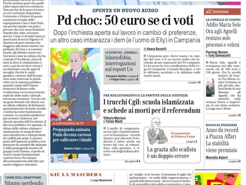 La prima pagina del Giornale: soldi in cambio di voti per il Pd, l’attacco Usa in Nigeria e Putin cartone animato