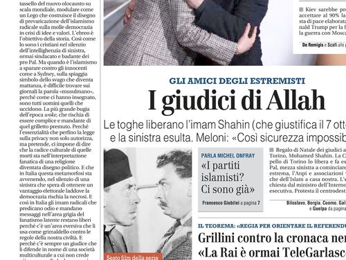 La prima pagina del Giornale: dalle toghe pro-imam alla pace in Ucraina, dai grillini a Don Camillo e Peppone