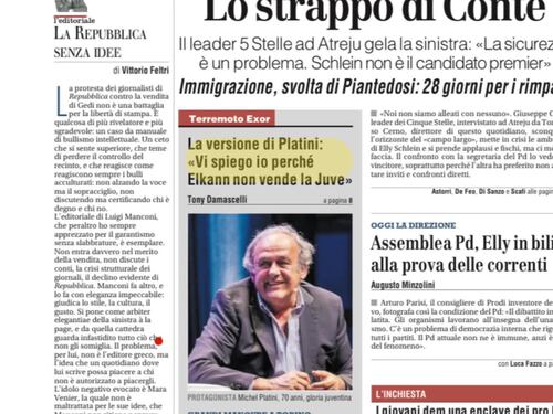 La prima pagina del Giornale: lo strappo di Conte, Platini, Elkann e i pro Pal nel Pd
