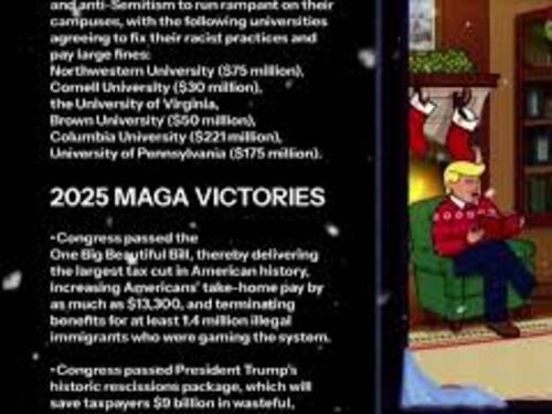 Trump cartoon legge sotto l'Albero, musica di Natale e traguardi Maga, gli auguri della Casa Bianca