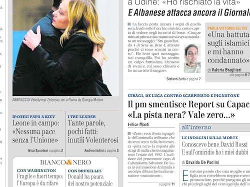 La prima pagina del Giornale: dall'incontro Meloni-Zelensky al giornalista pestato dai pro Pal