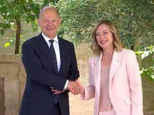G7, Meloni accoglie il cancelliere tedesco Scholz
