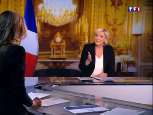 Marine Le Pen a TF1: "Via la bandiera dell'Ue dallo studio"