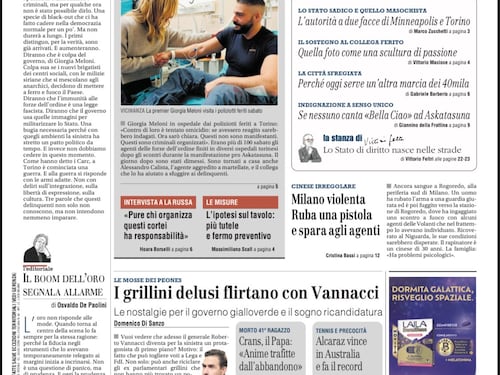 La prima pagina del Giornale: la violenza di Torino, la sparatoria di Milano e le avances grilline a Vannacci