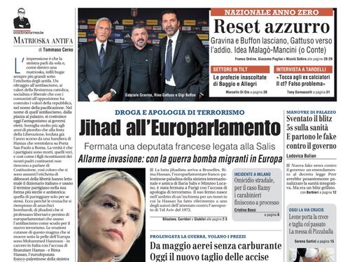 La prima pagina del Giornale: Jihad all’Europarlamento, da maggio aerei senza carburante, nazionale anno zero