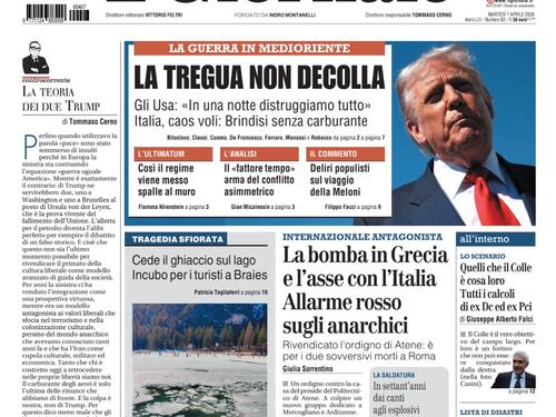 La prima pagina del Giornale. Difficile raggiungere la tregua in Iran, confermata l’internazionale antagonista, l’intervista ad Andrea Orlando