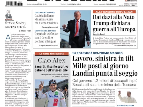 La prima pagina del Giornale: Addio ad Alex Zanardi, la polemica del Primo Maggio, Trump dichiara guerra all’Europa