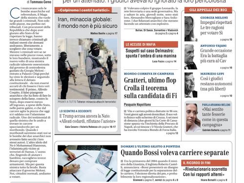 La prima pagina del Giornale: bombe sul referendum, gli appelli per il “sì”, Bossi e il ricordo di Fini