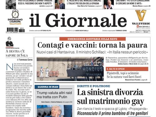 La prima pagina del Giornale: Nuovi casi di hantavirus, Zan spacca la comunità lgbt, Meloni vede Giuli