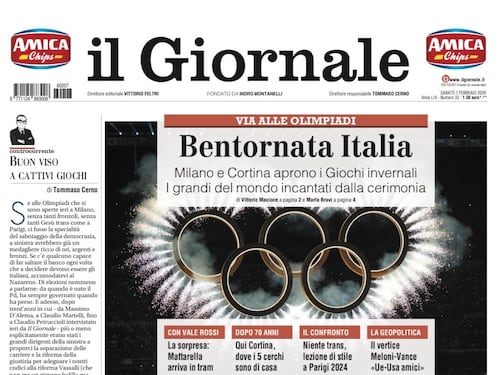La prima pagina del Giornale: al via i Giochi di Milano-Cortina, blitz delle toghe per spostare il referendum, disastro Stellantis