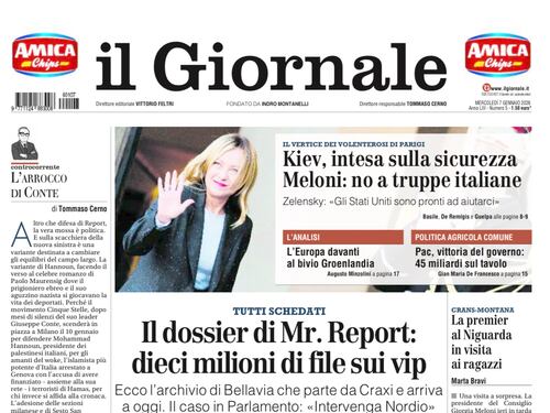 La prima pagina del Giornale: l’archivio del consulente di Report, il vertice dei volenterosi e la cattura del killer di Bologna
