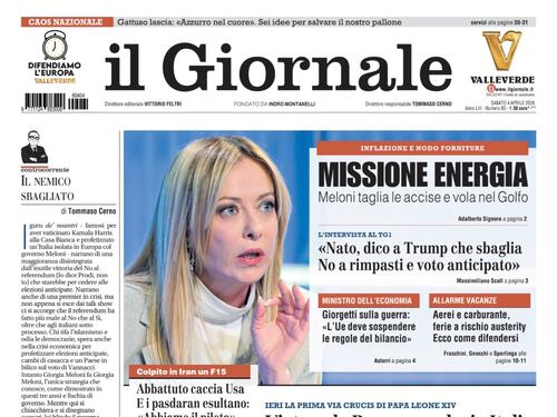 La prima pagina del Giornale: Missione energia nel Golfo per Meloni, l’appello di Giorgetti all’Ue, abbattuto un caccia Usa in Iran