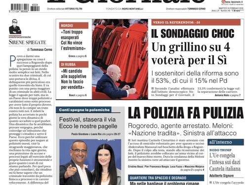 La prima pagina del Giornale: Un grillino su 4 voterà “Sì”, arrestato il poliziotto di Rogoredo, Sanremo al via