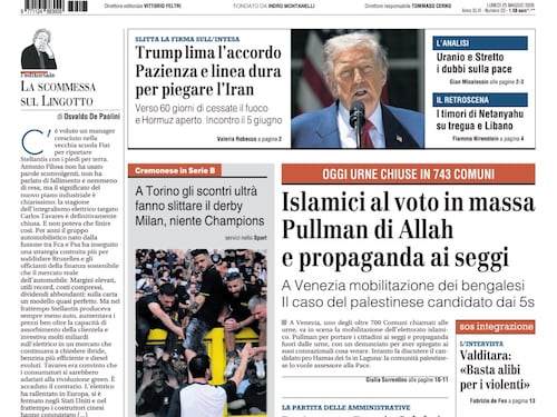 La prima pagina del Giornale: Al voto 743 Comuni, slitta la firma sull’intesa USA-Iran, scontri prima del derby di Torino