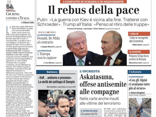 La prima pagina del Giornale: Il rebus della pace, l’inchiesta su Askatasuna, il caso Garlasco
