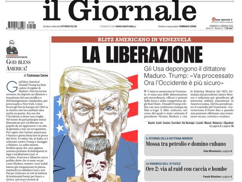La prima pagina del Giornale: il raid Usa in Venezuela, i nomi spiati dal consulente di Ranucci e la tragedia di Crans-Montana