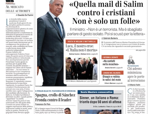 La prima pagina del Giornale: Modena, l’intervista a Piantedosi, in Spagna il crollo di Sanchez, a Roma il trionfo di Sinner