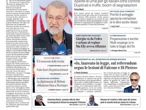 La prima pagina del Giornale: Allarme brogli al referendum, Bocelli vota sì, Becciu e il processo tutto da rifare
