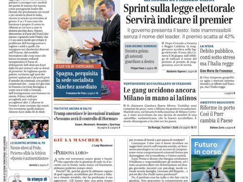 La prima pagina del Giornale: Sprint sulla legge elettorale, prove d’invasione, Milano in mano ai latinos