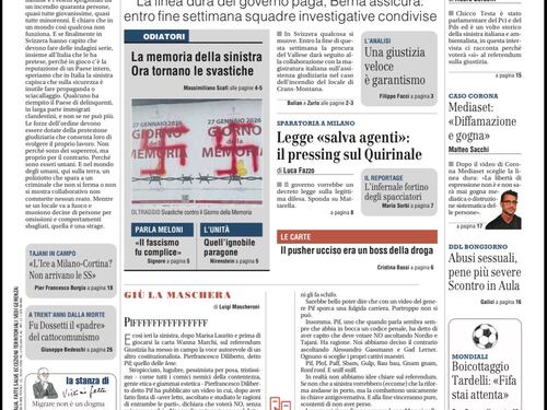 La prima pagina del Giornale: la linea del governo paga su Crans-Montana, legge salva-agenti, le svastiche della sinistra