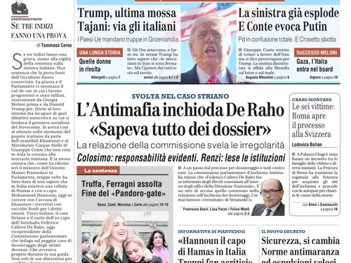 La prima pagina del Giornale: le rivolte in Iran, il caso Striano e le nuove norme per la Sicurezza