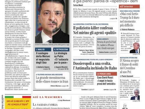 La prima pagina del Giornale: Il Cpr in Albania funziona, il sondaggio che manda in tilt i 5S i e il Festival Dc di Carlo Conti