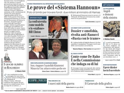 La prima pagina del Giornale: le violenze di Askatasuna, la polemica sull’Angelo e le chat tra Ranucci e Boccia