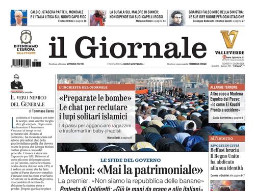 La prima pagina del Giornale: Meloni esclude la patrimoniale, ancora allarme terrorismo in Italia, Vannacci “frega” Lilli