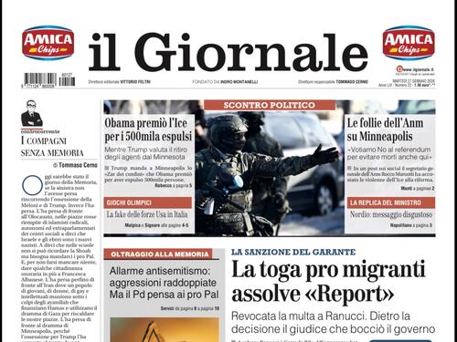 La prima pagina del Giornale: la toga pro migranti assolve Report, sparatoria a Milano, allarme antisemitismo