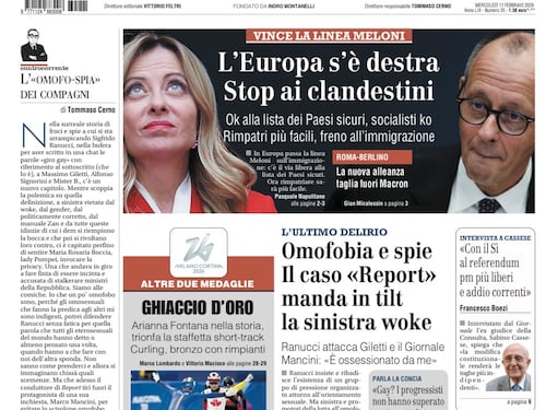 La prima pagina del Giornale. Stop ai clandestini in Ue: vince la linea Meloni, il caso Report manda in tilt la sinistra woke, l’intervista a Sabino Cassese