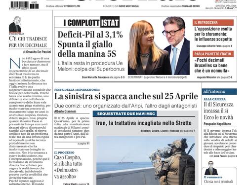 La prima pagina del Giornale: Deficit-Pil al 3,1% col giallo della manina 5S, ferma la trattativa con l’Iran, la sinistra si spacca sul 25 aprile