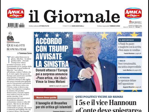 La prima pagina del Giornale: la Groenlandia, i 5S e Hamas e il bavaglio di Bruxelles