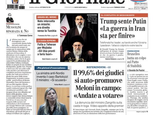 La prima pagina del Giornale: Trump sente Putin, ancora un missile verso la Turchia, Meloni in campo per il referendum