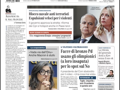 La prima pagina del Giornale: l'immigrazione, il Pd e lo spot olimpico per il "No", la Francia contro Albanese e il silenzio su Ranucci