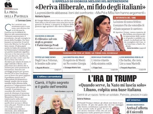La prima pagina del Giornale: Referendum: Meloni si fida degli italiani, Monti e il “no” contro Giorgia, Ira di Trump contro gli alleati
