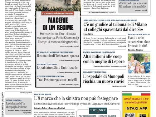 La prima pagina del Giornale: Prove di dialogo tra Meloni e Schlein per la benzina, ferito il figlio di Khamenei, ipocrisia rossa sull’8 marzo