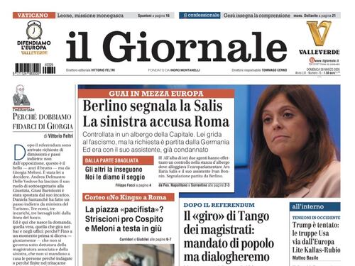 La prima pagina del Giornale: Striscioni pro Cospito nella piazza pacifista, Berlino segnala la Salis, eletto il nuovo presidente dell’Anm