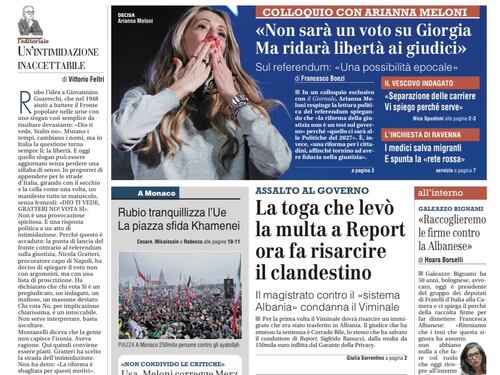 La prima pagina del Giornale: l’intervista ad Arianna Meloni, magistrato salva Report e un migrante, i sabotaggi ferroviari degli anarchici