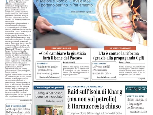 La prima pagina del Giornale: i pasdaran del no, raid Usa sull’isola di Kharg in Iran, denunce incrociate sul caso della famiglia nel bosco