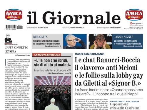 La prima pagina del Giornale: chat Ranucci-Boccia, perché l’ice può agire in Italia, chi è il falco della Fed