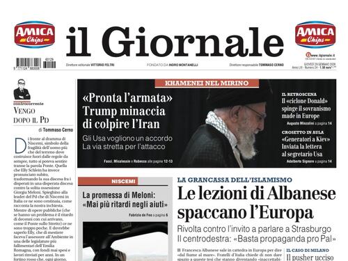 La prima pagina del Giornale: Albanese a Strasburgo spacca l’Europa, tensione Usa-Iran, le novità di Crans-Montana